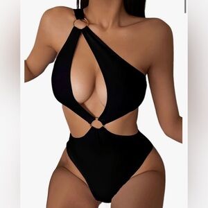 NWT HILINKER O-Ring Cutout Halter One Piece Swimsuit High Cut Bathing Suit sz L‎